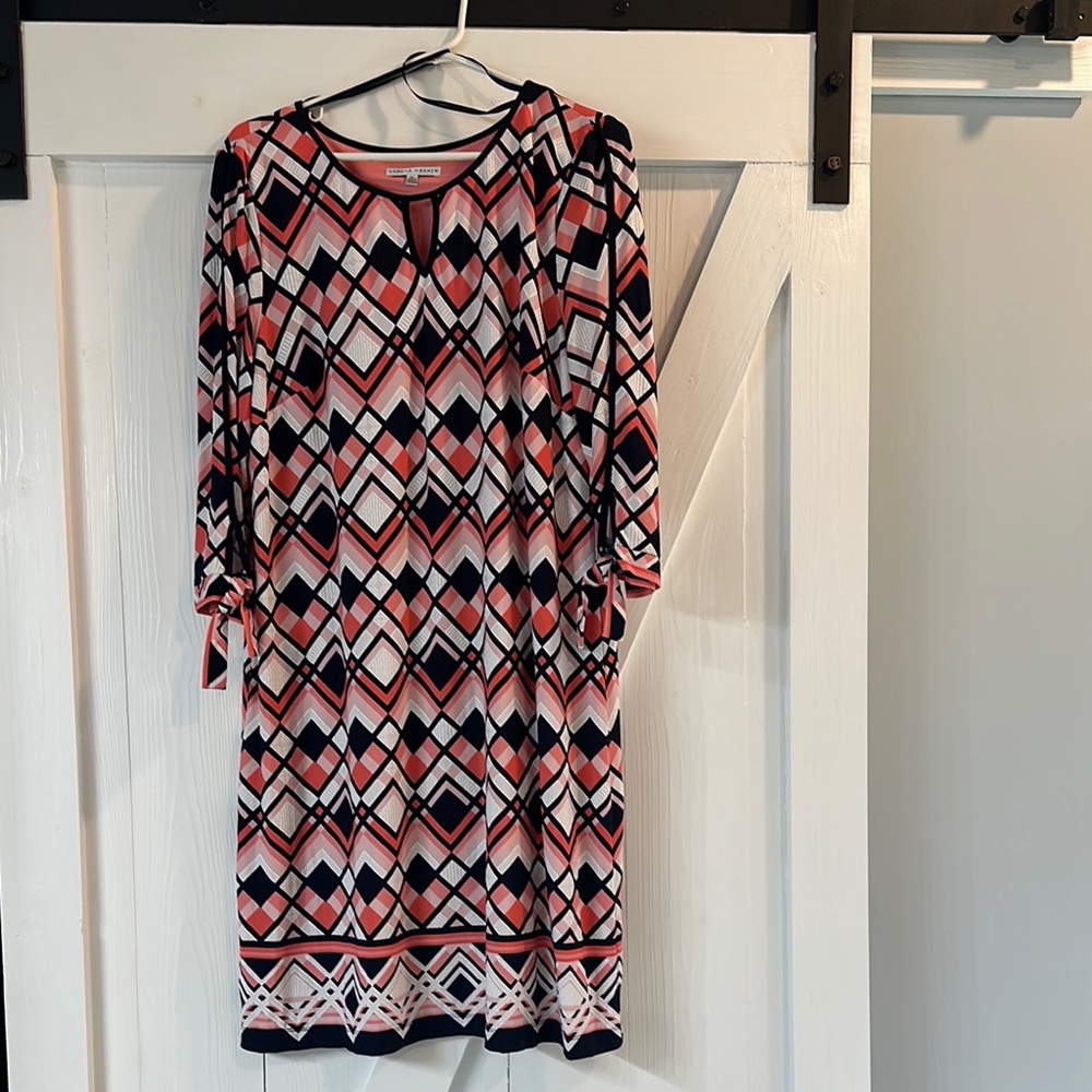 Sandra Darren Red and Black Sheath Dress with Bishop Sleeves